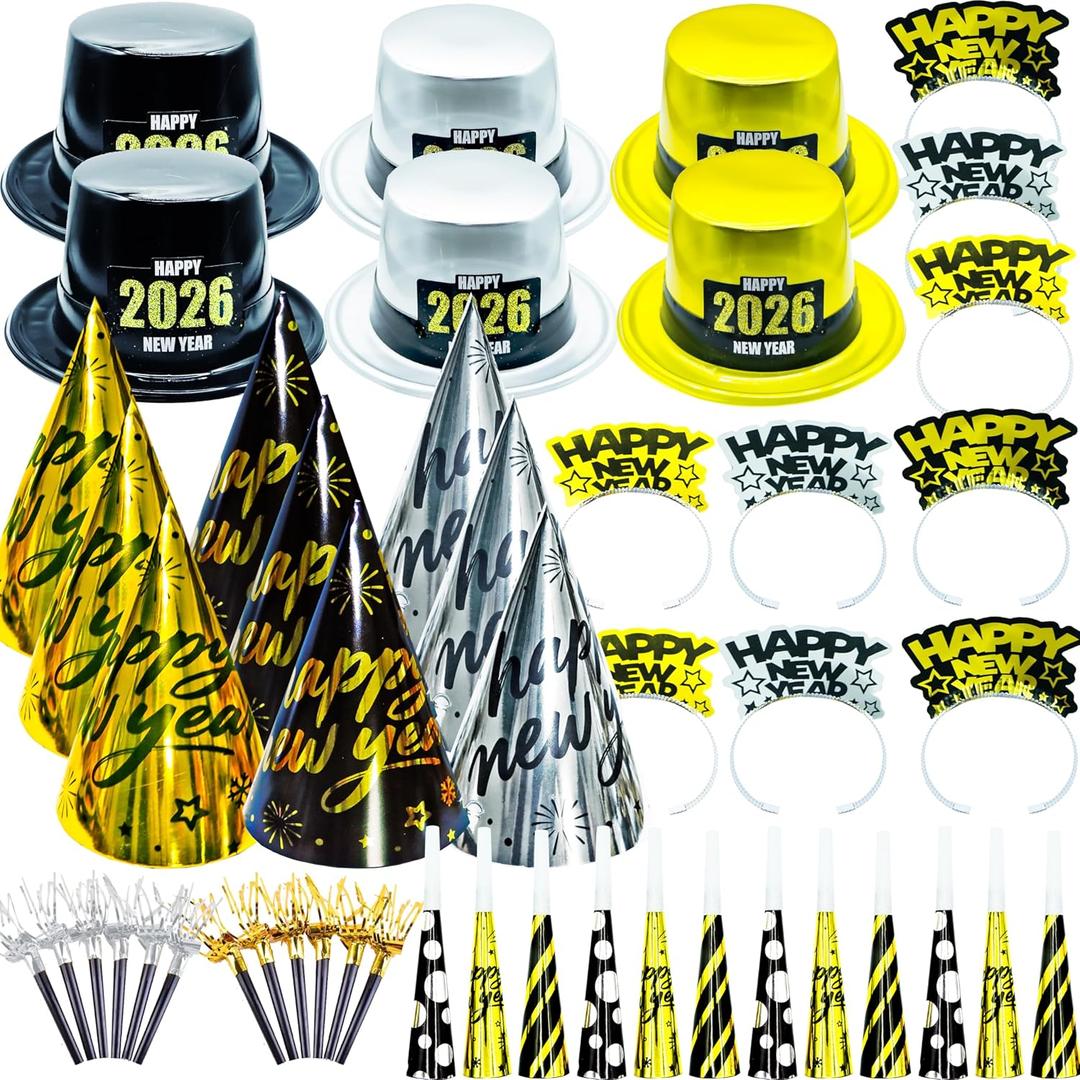 Decodinli 48 PCS New Years Eve Party Supplies 2026, New Year Party Favors Decorations, New Year top hats, Tiaras, Noise Makers and Cone Hats 2026 New Years Accessories for Party