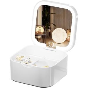 Portable Jewelry Box with LED Mirror, White, 3.5 x 3.5 x 1.8 inches, Travel Size Organizer