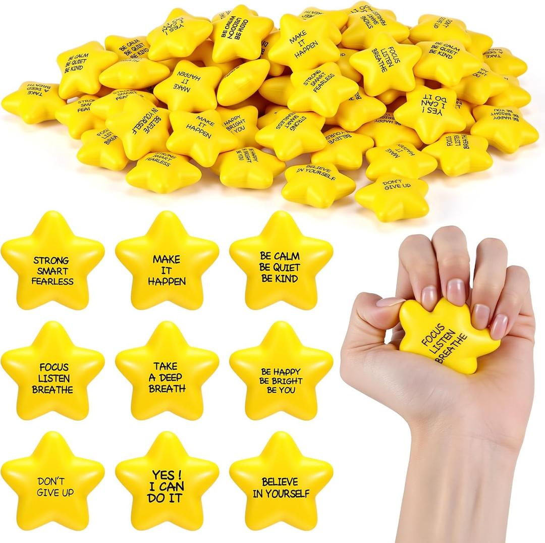 Shappy 72 Pcs Inspirational Star Stress Relief Balls Motivational Stress Ball Encouraging PU Bulk Balls for Adults Small Therapy Fidget Relief Toys for Valentines Gifts(Yellow)