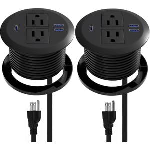 2 Pack Desktop Power Grommet, PD20W Fast Charging USB-C.3-inch Round Flush-Mount Desk Outlet, Meeoueoiu Recessed Grommet Outlet,3 USB Ports,2 AC Outlets,ETL Listed,6.5-FT Cord, Black
