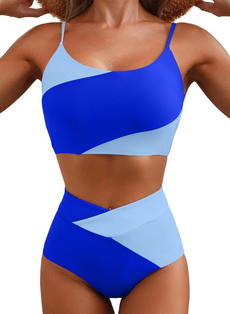 Herseas High Waisted Color Block Bikini Set 2 Piece 2025 Summer Beach Vacation Essentials Tummy Control Swim Bathing Suits Blue Medium