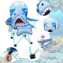 KABOER 2 Pcs Kids Shark and Dinosaur Pattern Outdoor Folding Camping Chair with Cup Holder and Carrying Bag and 2 Umbrellas for Beach Picnic Camping Travel Lawn, 14 inches x 14 inches x 30 inches