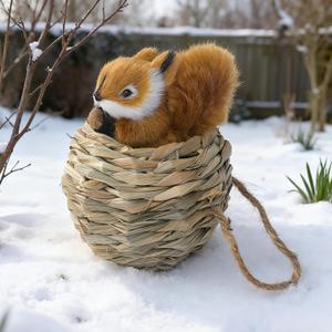 3D Forest Animals Ornaments for Christmas Tree Woodland Furry Animal Ornament Handmade Bird Nest with Plush Animal for Xmas Tree Faux Fur Animals Hanging Decoration (5" Nest & Brown Squirrel)