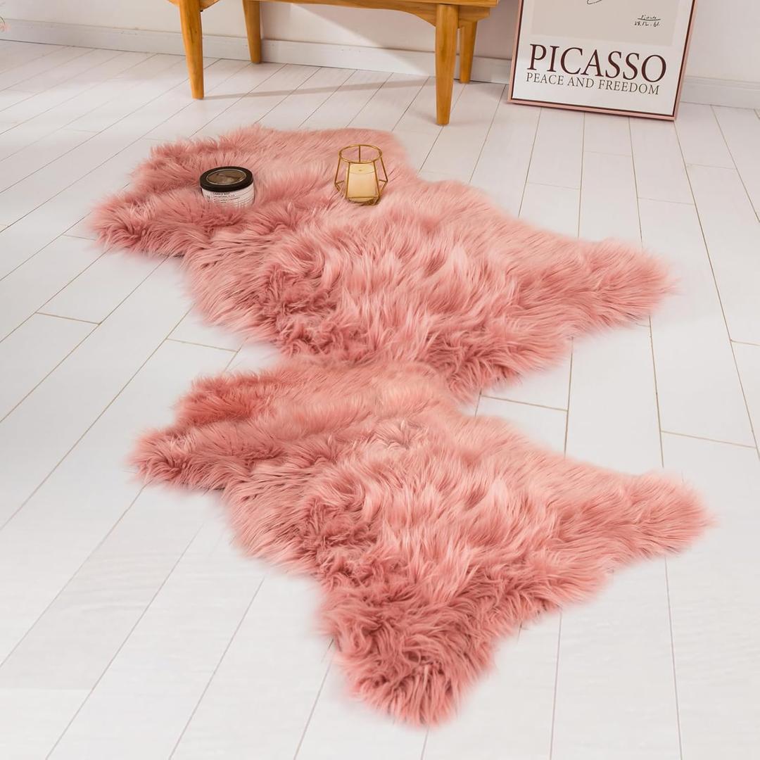 HYSEAS Faux Sheepskin Fur Area Rug Pink, 2x3 Feet, 2 Pack, Fluffy Soft Fuzzy Plush Shaggy Carpet Throw Rug for Indoor Floor, Sofa, Chair, Bedroom, Living Room, Home Decoration