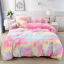 RYNGHIPY 3Pcs Rainbow Girls Bedding Sets Twin Size Ultra Soft Long Hair Plush Shaggy Duvet Cover with Pillowcases Colorful Tie Dye Bedding Set with Hidden Zipper Closure (Colorful Pink,Twin)