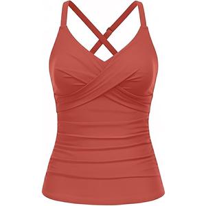 Women Tankini Bathing Suit Top - Twist Front V Neck Swim Top Only Cross Tummy Control Swimsuit 2025 M Brick Red