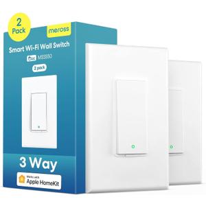 3 Way Smart Switch, Meross Smart Light Switch Supports Apple HomeKit, Siri, Alexa, Google Assistant & SmartThings, 2.4Ghz WiFi Light Switch Neutral Wire Required, Remote Control Timer 2 Pack