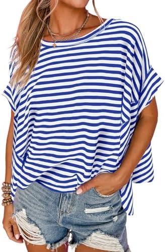 Tankaneo Womens Oversized Striped Tshirts Irregular Hem Batwing Short Sleeve Tops Summer Casual Round Neck Tee Shirts, XL