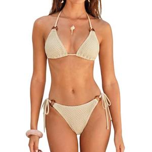 ZAFUL Triangle Bikini Sets for Women Sexy Tie Side Halter String O Ring Textured Two Piece Swimwear Bathing Suit(2-Beige, L)