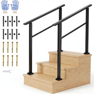 IDEALHOUSE 2 Pack 3 Step Outdoor Stair Handrail Kit, Black Aluminum & Iron Construction for Porch Steps, Easy Assembly Safety Railing, All Hardware & Gloves Included