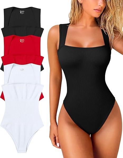 OQQ Women's 3 Piece Bodysuits Sexy Ribbed Strappy Square Neck Sleeveless Tummy Control Tank Tops Bodysuits (Black,Red,White, Large)