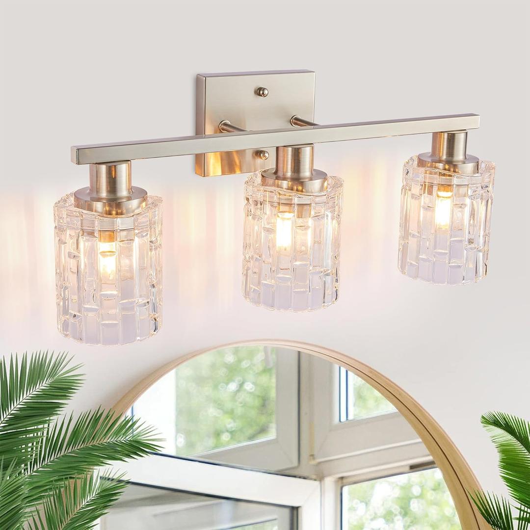 3 Light Brushed Nickel Bathroom Vanity Light Over Mirror, Modern Vanity Lighting with Crystal Glass Shade, Wall Mount Bathroom Light Fixtures, E26 Base