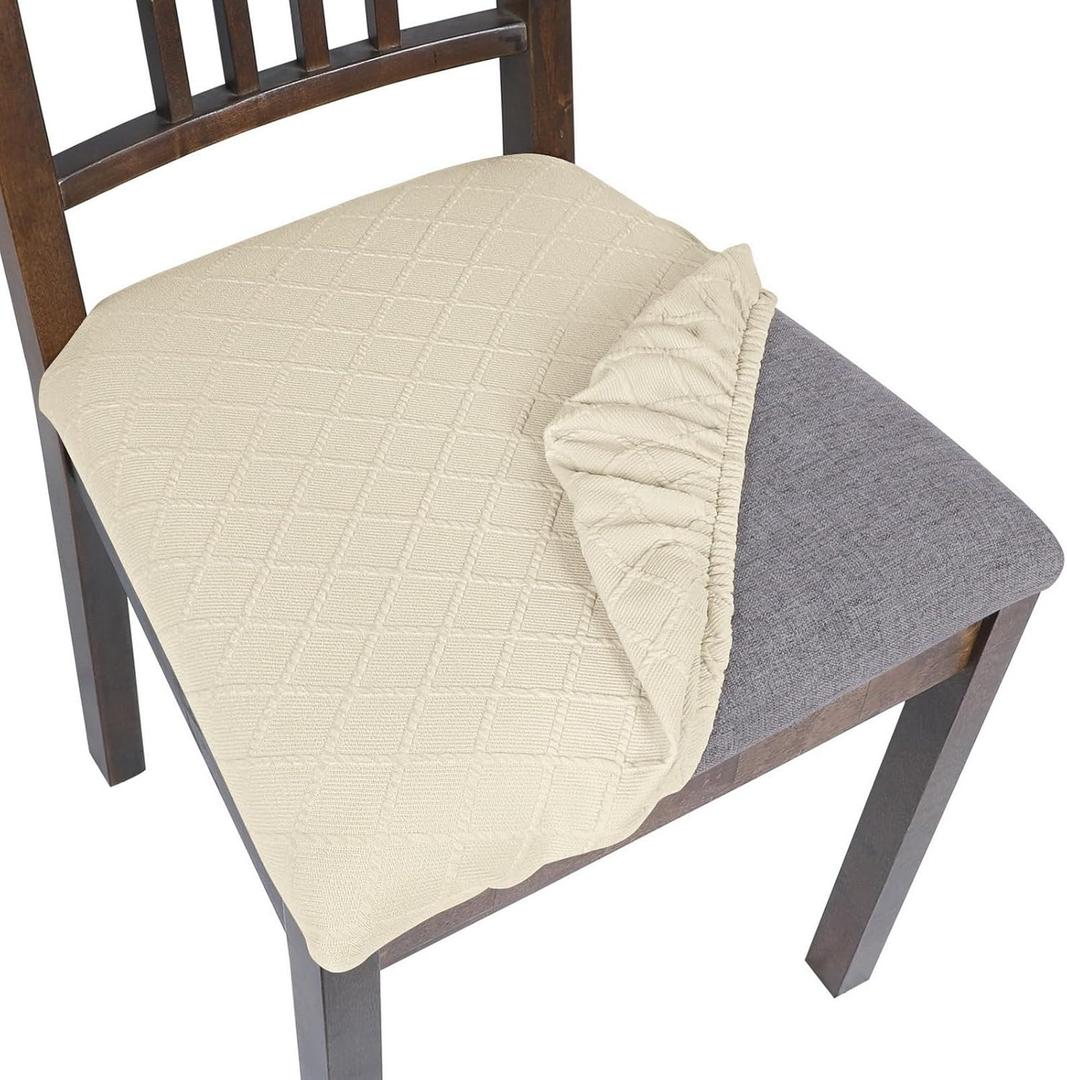 SearchI Seat Covers for Dining Room Chairs Stretch Jacquard Chair Seat Covers Set of 4, Removable Washable Upholstered Chair Seat Protector Cushion Slipcovers for Kitchen, Office(Beige Rhombus)