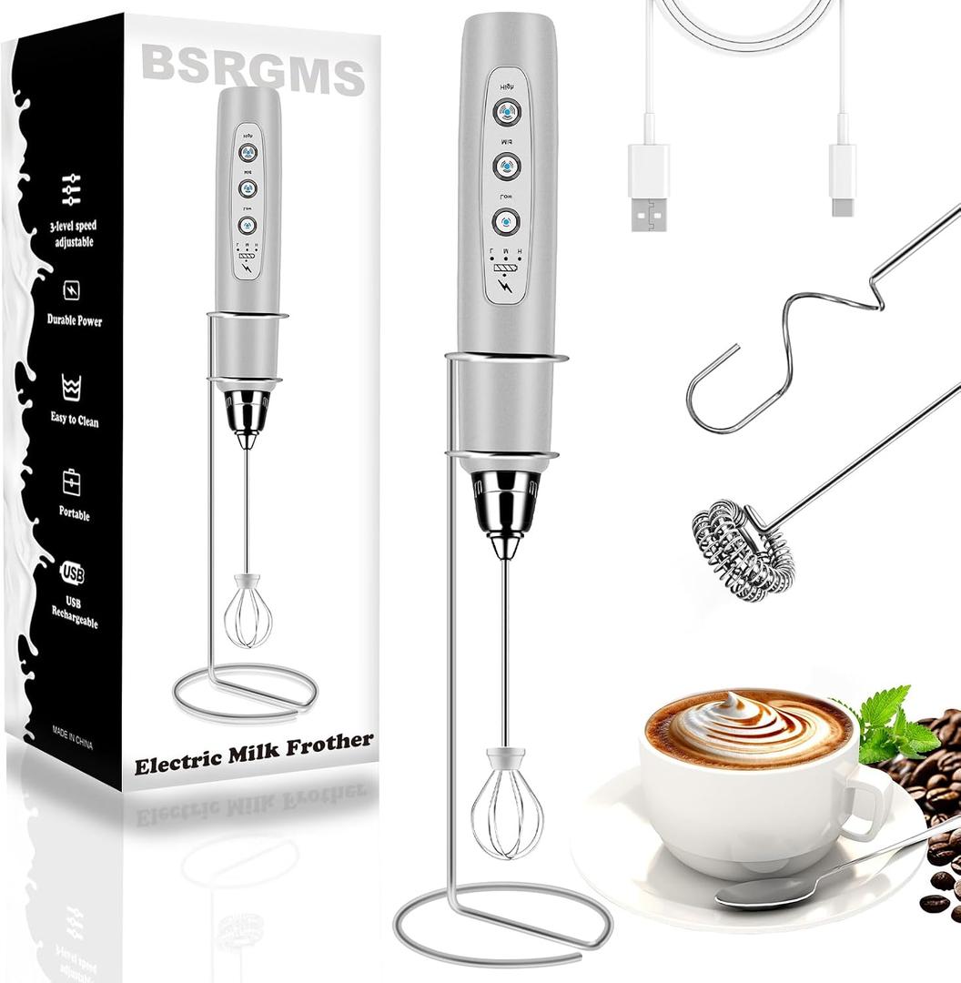 BSRGMS Milk Frother Handheld with Stand, Electric Whisk 3 Speed Adjustable, Drink Mixer with Stainless 3 Whisk, Rechargeable Hand Frother Wand, Foam Maker for Latte Cappuccino Hot Chocolate Egg Silver