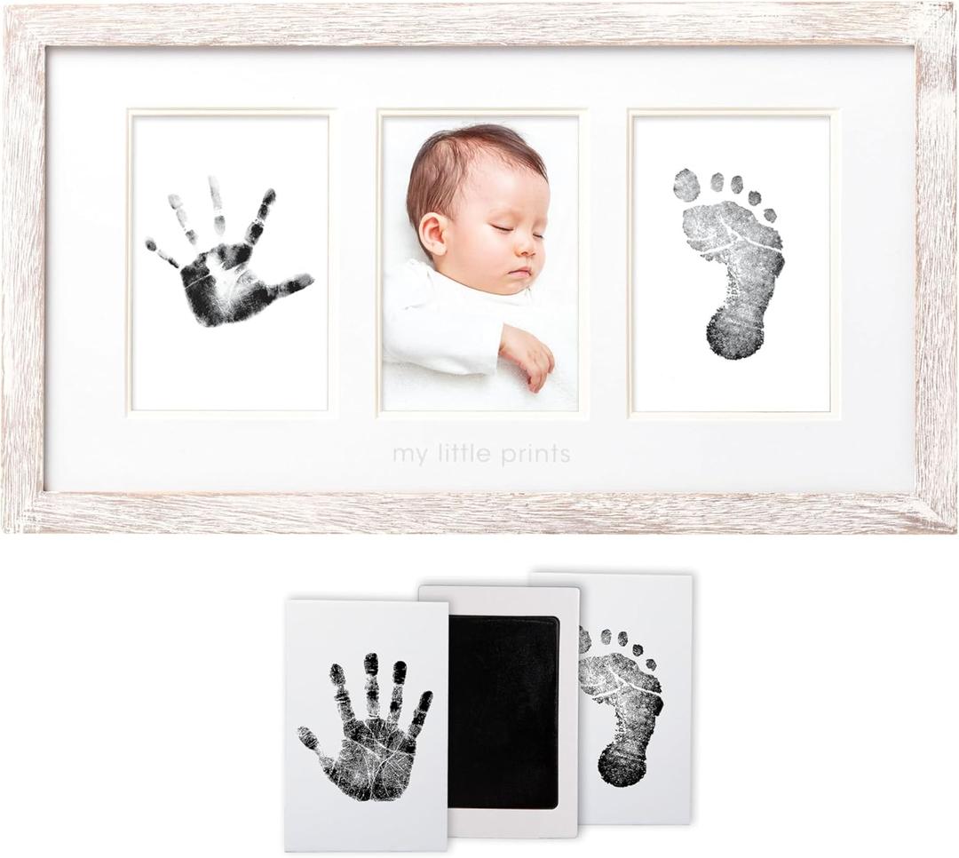 Pearhead My Little Prints Newborn Handprint & Footprint Frame Kit - No Mess Clean Touch Ink Pad, Gender-Neutral Keepsake, Ideal Shower Gift, Nursery Decor, Distressed Wood (17 x 9.5)