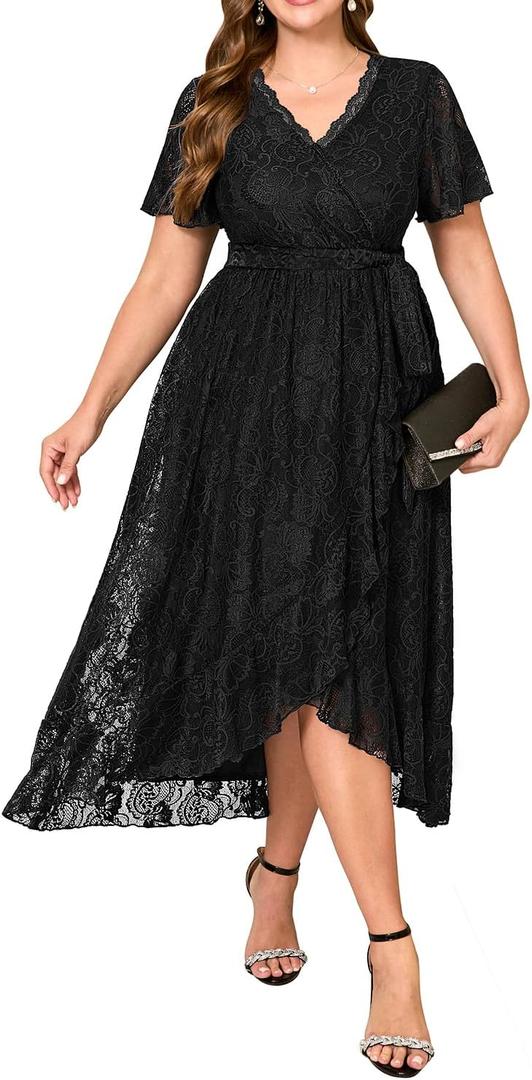 Plus Size Dresses Wedding Guest - Formal Cocktail Party Long Lace High Low Wrap V Neck Dress (Black-01)