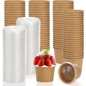 100 Pack 8 Oz Paper Soup Containers with Lids, Disposable Kraft Paper Food CupsHeavy Duty To Go Soup Container Dessert Cup Bowls for Ice Cream, Yogurt, Cold and Hot Foods