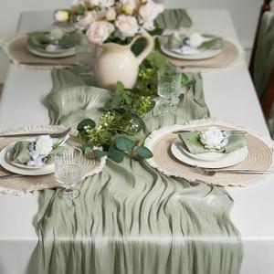 Leetaltree Dazzle Table Runner -Luxury Scarf Table Runner 120 Inch 10FT - Liquid Silk Shine, Elegant Gift Set with Card for Wedding, Christmas, Baby Shower, Holiday & Home Decor (Sage Green, Set of 3)