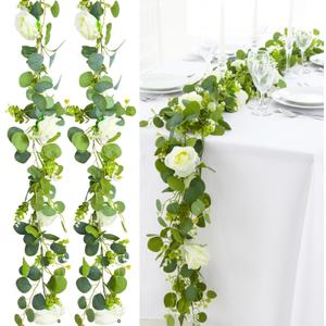 3 Pcs Total 18Ft Artificial Eucalyptus Flower Garland, Faux Eucalyptus Garland with White Roses Fake Flowers Vines for Centerpiece, Wedding, Party, Table, Background, Arch, Indoor Outdoor Decor