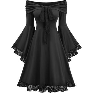 DRESSFO Women's Gothic Off Shoulder A-Line Mini Dress with Lace Trim and Flare Sleeves (Medium)