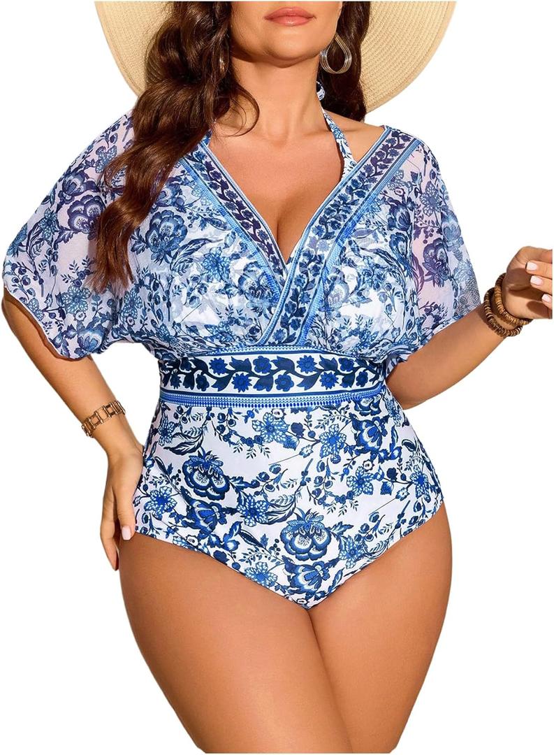 Floerns Women's Plus Size One Piece Swimsuit Floral Print Halter Tie Back Short Sleeve Beachwear (XL)