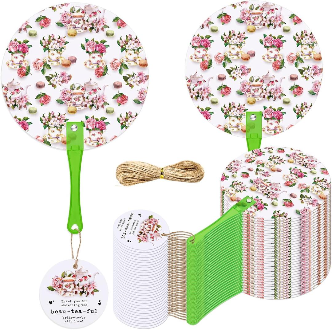 Roowest 50 Sets Bridal Shower Tea Party Favors for Guests Floral Tea Party Plastic Handheld Fans with Birde to Be Card Wedding Thank You Favor Fans Tea Party Favors for Bridal Shower Party Supplies