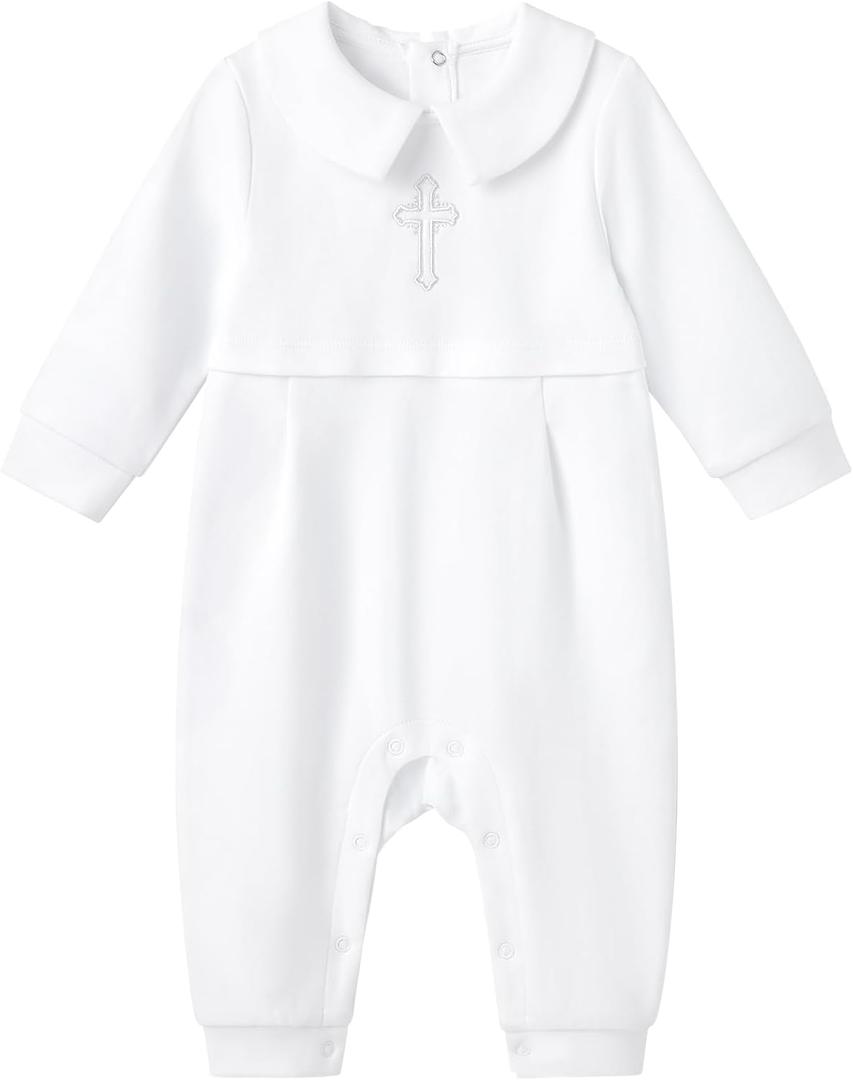 pureborn Unisex Baby Jumpsuit Infant Boys Girls Cotton Spring Fall Romper One-Piece Coverall Baptism Outfit White (6-9 Months, White With Silver Cross)