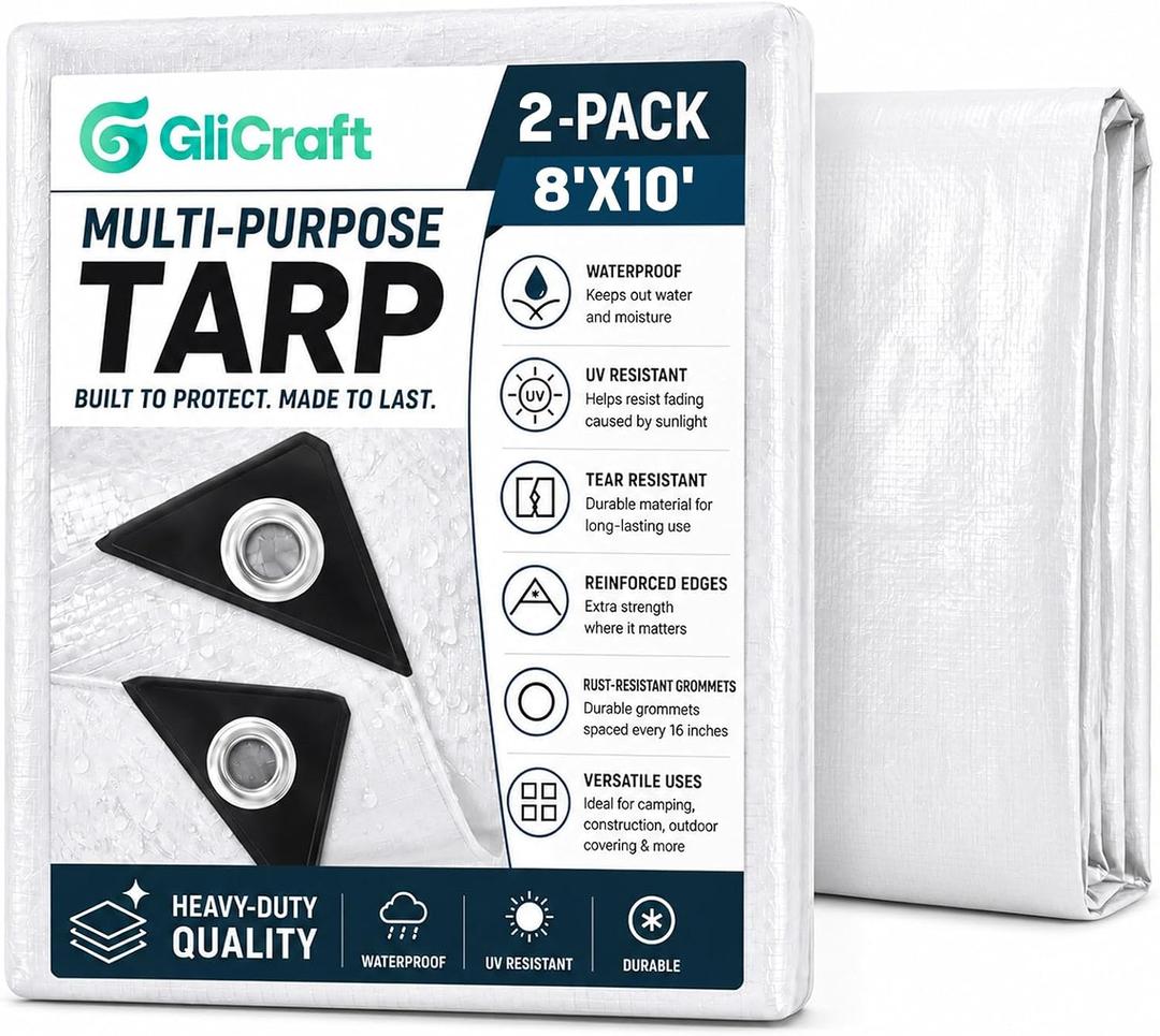 2 Pack 8 x 10 ft White Tarps, 5.5 Mil Heavy Duty Waterproof Tarp