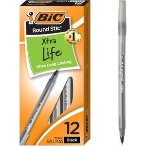 BIC Round Stic Xtra Life Black Ballpoint Pens, Medium Point (1.0mm), 12-Count Pack of Bulk Pens, Flexible Round Barrel for Writing Comfort, No. 1 Selling Ballpoint Pens