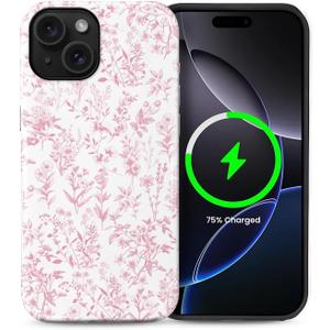 for iPhone 15 Plus Case,Compatible with MagSafe,Dual-Layer Hard Shell + Silicone Cover,Full Body Protection Shockproof Case for iPhone 15 Plus-Sage Pink Flower Pattern