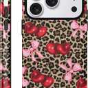 Case Compatible with for iPhone 17 Pro 6.3'', Cute Cherry Pink Bow Vintage Leopard Pattern Phone Case, Aesthetic Scratch Resistant Cover Shockproof 2 in 1 Silicone + Hard PC Design for Girls Women Men
