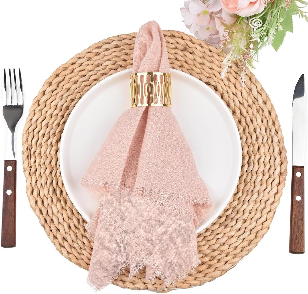 3 x Fall Thanksgiving Rustic Cloth Napkins 16.5x16.5 Inches Handmade Cotton Linen Napkins with Fringe Boho Washable Dinner Napkins in Bulk for Wedding Party Table Decor Set of 4 Pearl Pink