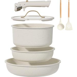 CAROTE 7pcs Pots and Pans Set Non Stick, Cookware Set with Detachable Handle, Kitchen Cookware Sets with Removable Handle, RV Cookware Set, Oven Safe, Cream White