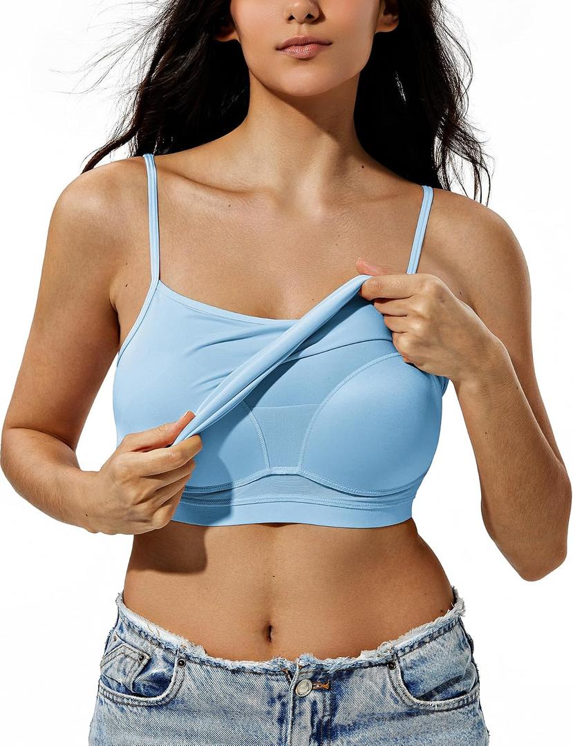 ZeroBound Camisole Built in Shelf Bra Tank Top - Basic Square Neck Halter Tops for Women, Spaghetti Strap Cami Tank Tops (Blue, S)
