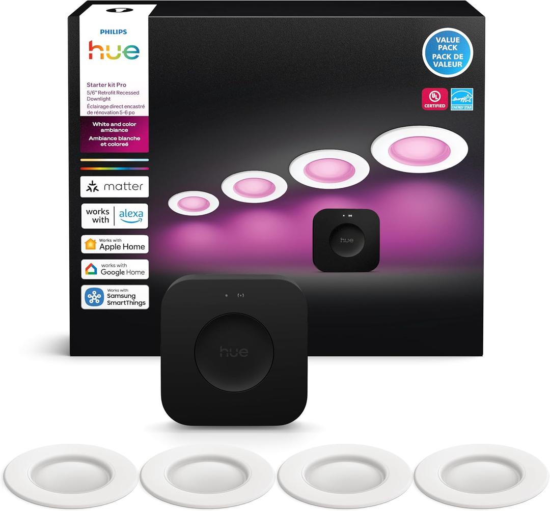 Philips Hue Starter Kit: Bridge Pro & 4 Retrofit Recessed Downlights 5/6-inch, White & Color Ambiance, Dimmable, Smart Light Hub, Works with Voice