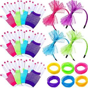Gejoy 80s Costumes Accessories Women 12 Pairs Fingerless Fishnet Neon Gloves Jelly Bracelets Fancy Neon Headband