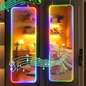 Hasipu 47"x16" LED RGB Door Mirror Full Length with Bluetooth Speaker, Full Body Wall Mirror with Lights, Door Hanging & Wall Mounted Mirror for Bedroom, Living Room, Cloakroom