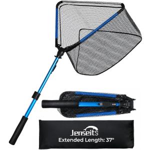 Jenseits Foldable Fishing Landing Net, Telescopic Aluminum Handle，Blue | Rubber-Coated Mesh, EVA Floating Frame, Ultralight Extendable Design for Kayak, Boat, Bass & Trout Fishing，Great Gift for Men, 17.3"-28.7"- 37"