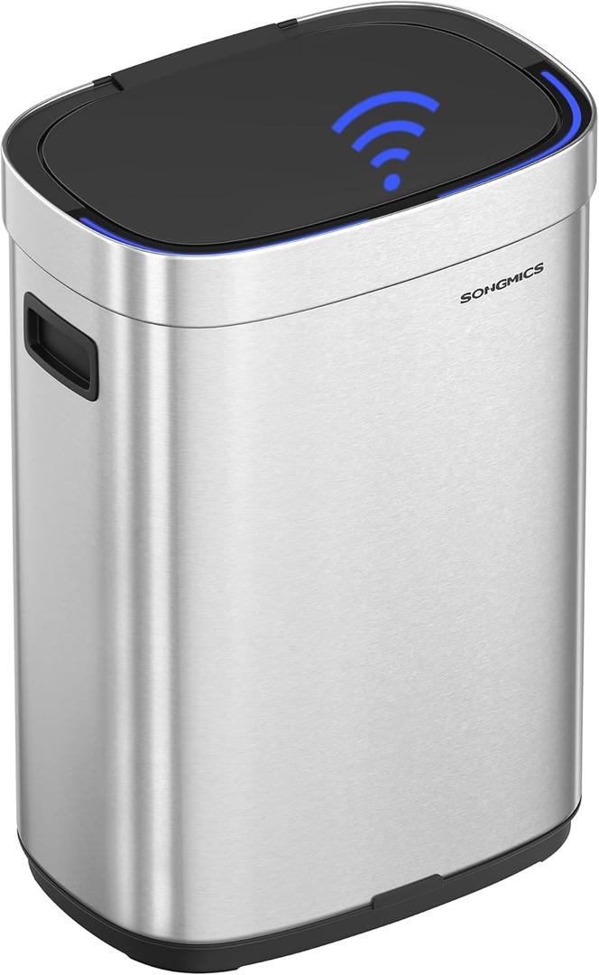 SONGMICS Kitchen Trash Can, 17.2-Gallon (65 L) Motion Sensor Garbage Can, Stainless Steel Trash Bin, Ozone Odor Control, Stay-Open, Metallic Silver ULTB660E01