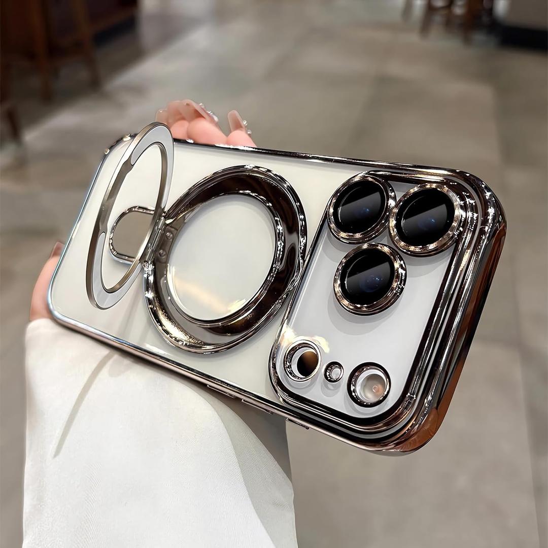 LXK Magnetic Invisible Stand for iPhone 17 Pro Max Case 6.9" Compatible with MagSafe, Military-Grade Protection, with Camera Protector, Clear Scratch-Resistant Back Cover for 17 ProMax, Grey (Natural Titanium)