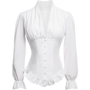 Victorian Blouse for Women Vintage Ruffle Long Sleeves Shirt Tops (XX-Large, White)