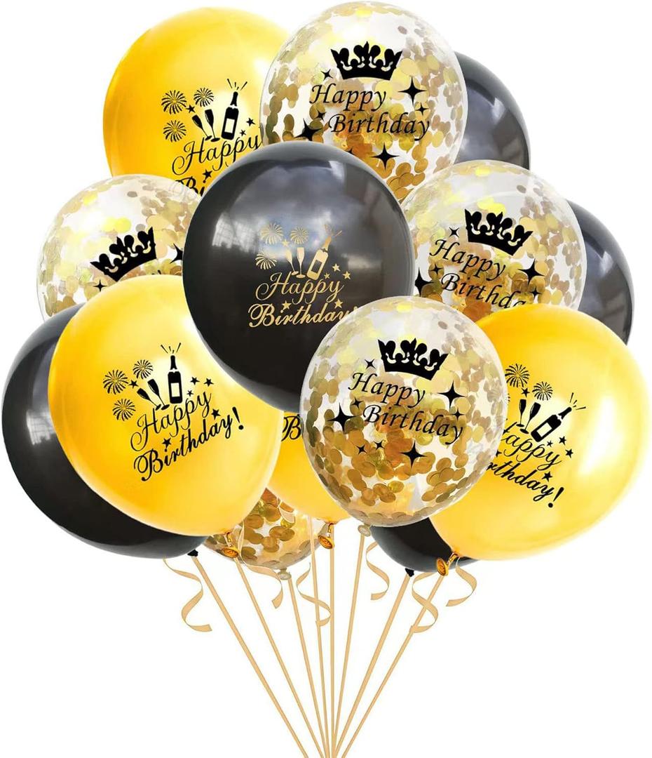 SHUNTAI Happy Birthday Balloons Black and Gold Party Decorations Latex Gold Confetti Balloon Printed Happy Birthday for Women Men Girls Boys Theme Birthday Party Decor Supplies 15 Pack 12 Inch
