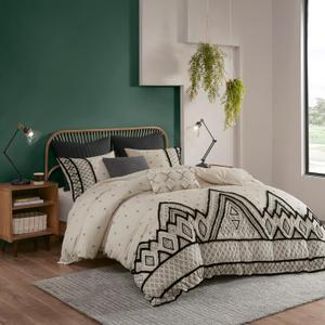 INK+IVY Marta Flax Linen/Cotton Duvet Set, Modern Boho Design with Trim Accent, Breathable All Season Cover for Comforter Bedding, Matching Shams, King/Cal King(104"x92") Natural 3 Piece