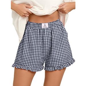 ANRABESS Boxer Shorts for Women,Gingham Plaid Elastic Waist Ruffle,Perfect for Lounge,Pajama&Sleep,Cute Casual Summer Bottoms (XL)