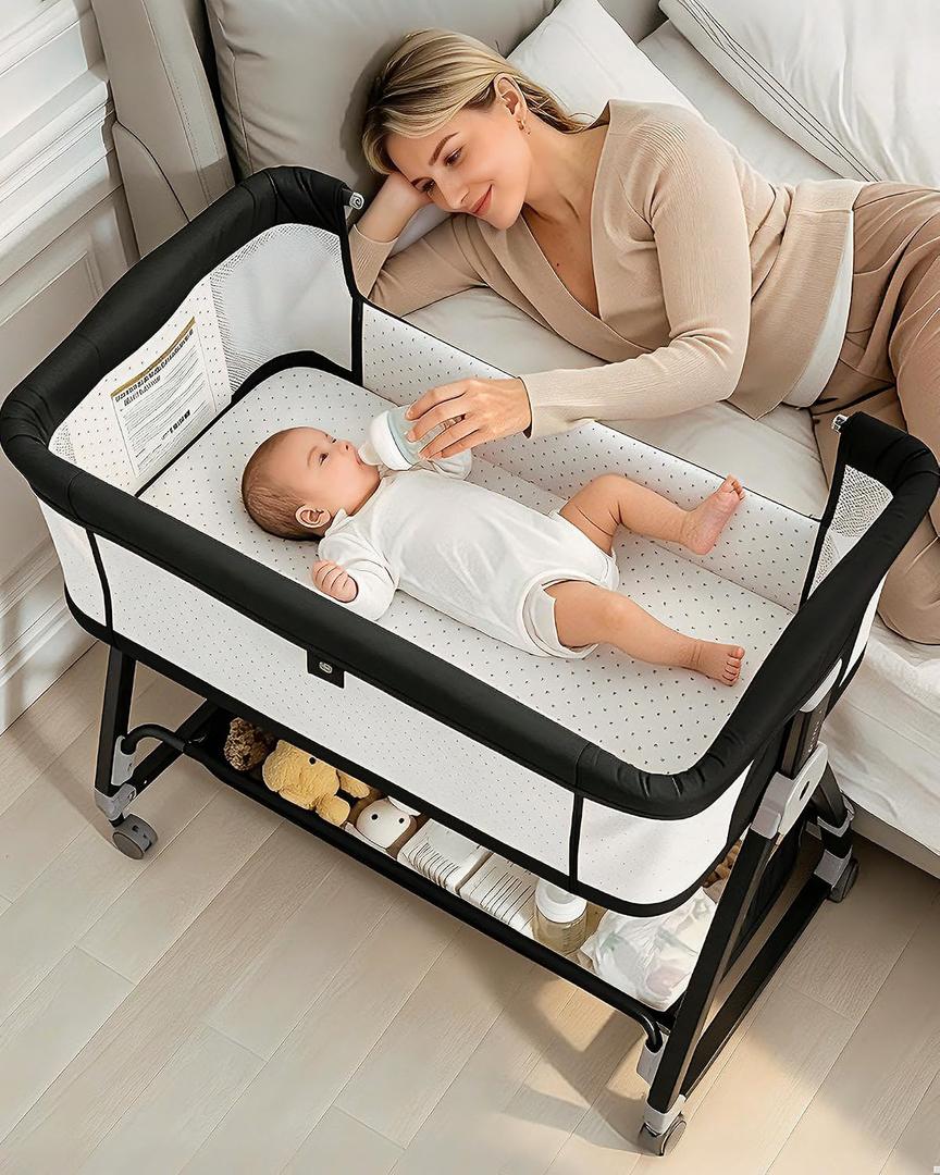 Baby Bassinets Bedside Sleeper with Wheels and Mattress, Cosleeping Baby Bed with Storage, Co-Sleeper Bassinet Attach to Bed, Bed Side Crib with Breathable Mesh, Height Adjustable (Black), 35.4‘’L*21.7''W*28''-32.7''H