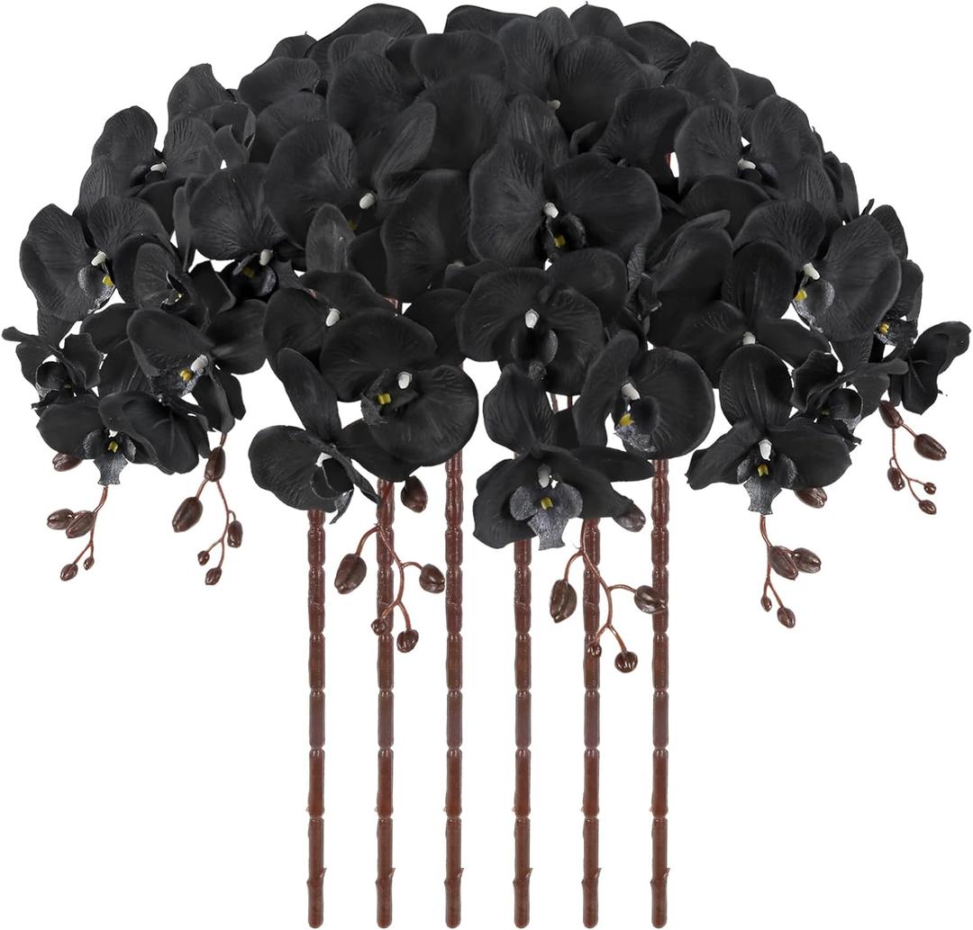6PCS 41in Artificial Orchid Flowers Faux Orchid Velvet Silk Orchids That Look Real Long Stem Artificial Flowers for Tall Vase for Halloween Home Party Décor (Black)