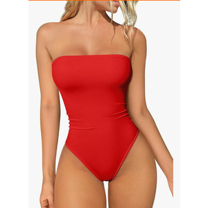 Womens Tube Bodysuits Strapless Basic Sleeveless Ruched Stretch Classic-Fit Tops Sexy Bodysuits