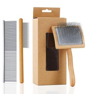Ergonomic Slicker Brush for Long-Haired Dogs - Wooden Handle, Long Pins for Grooming Goldendoodles