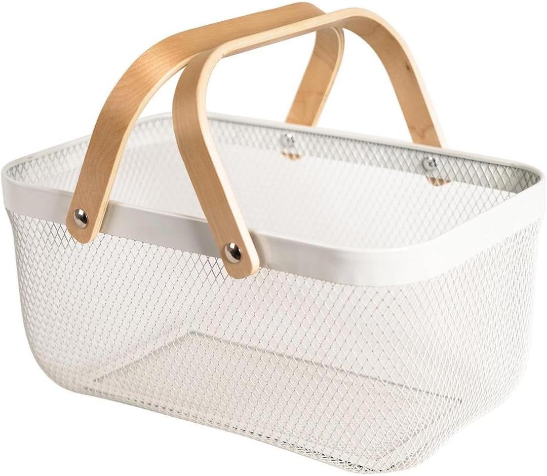 Metal Mesh Steel Harvest Basket, Rectangle Wire Garden Basket with Handle  Multi-functional Storage Organizer for Gathering Vegetables, Fruits, Kitchen, Garden, Picnic & Cabinet (Ivory)