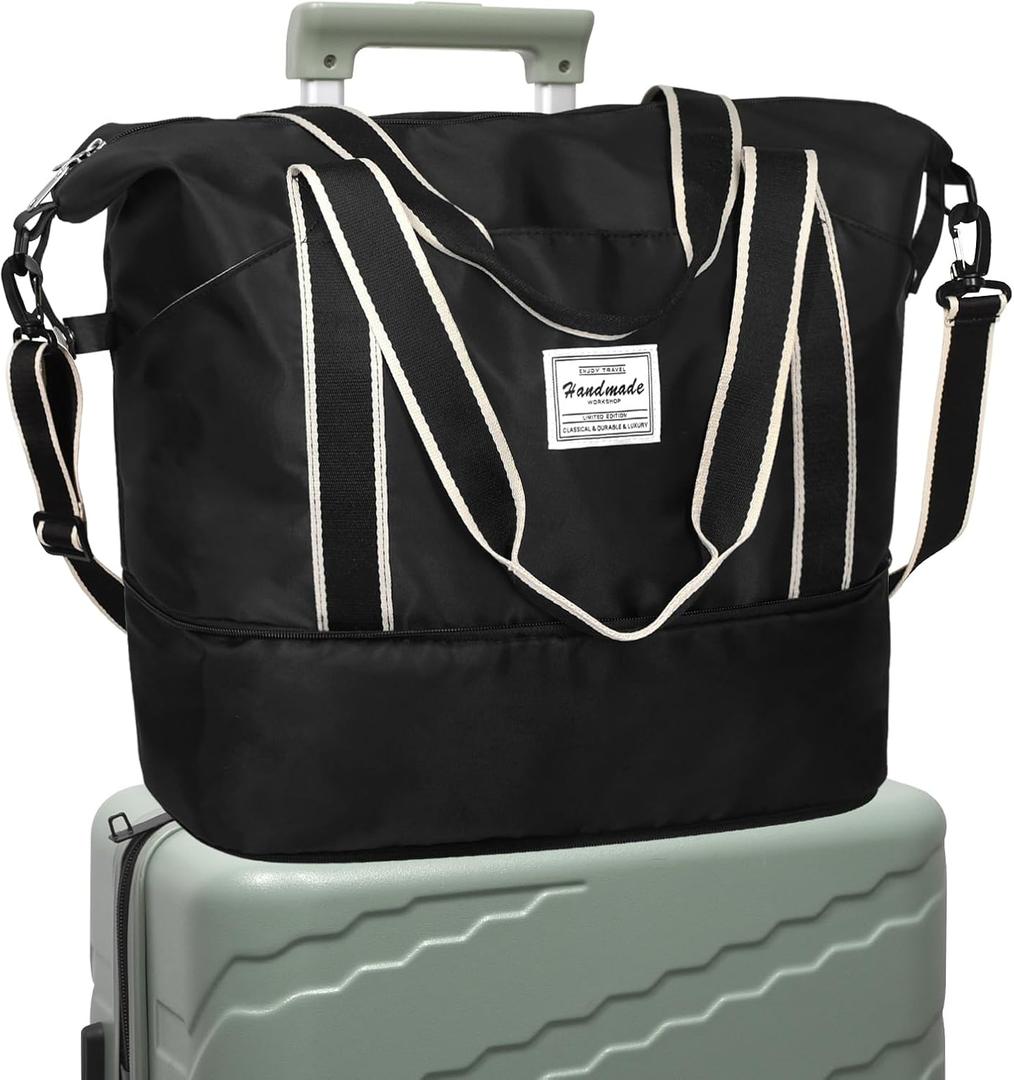 DMLuna Travel Duffel Bag, Tote Sports Gym Bag, Shoulder Overnight Weekender Bag for Women & Men, Hospital bag, Expandable Duffel Bag with Trolley Sleeve/Wet Pocket (Black)